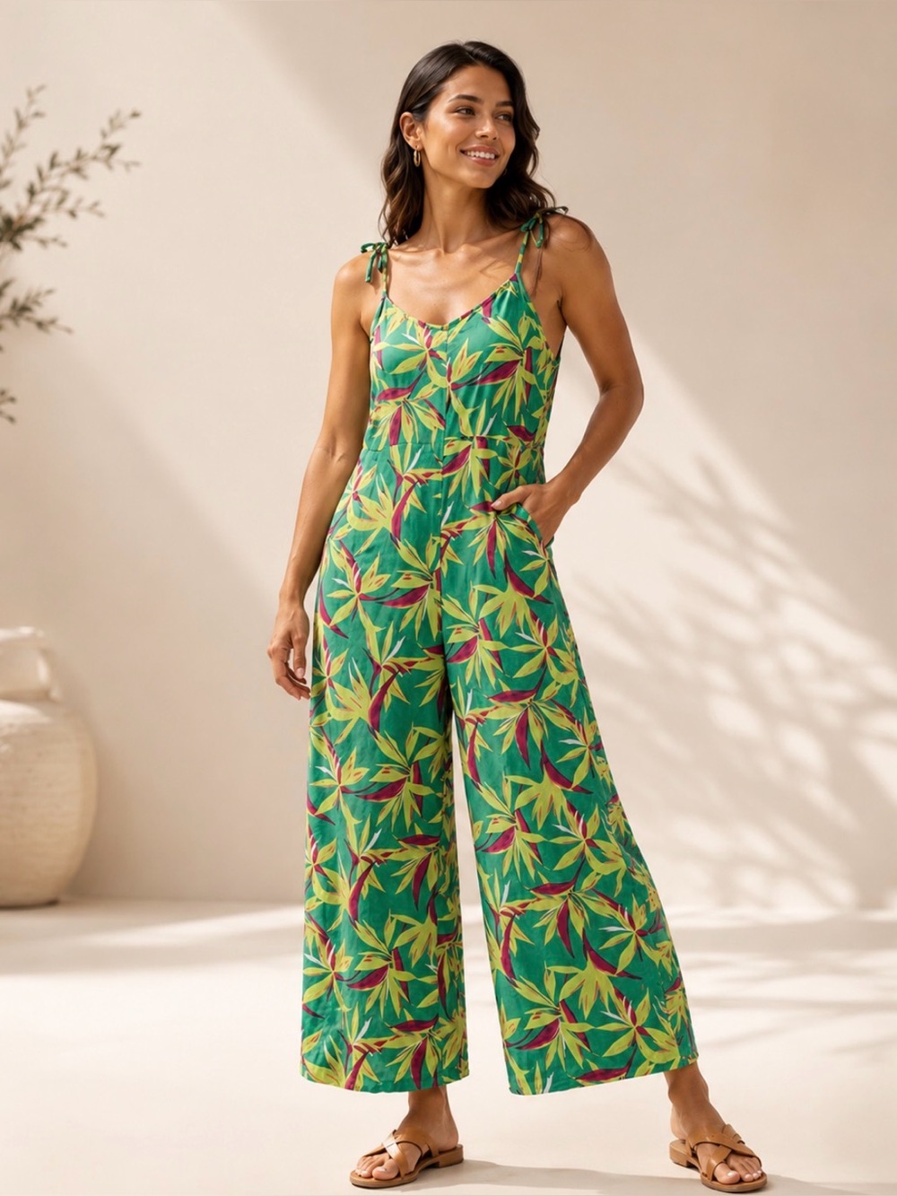 Tropical Print Tie-Strap Jumpsuit in Teal & Lime - Size Medium
